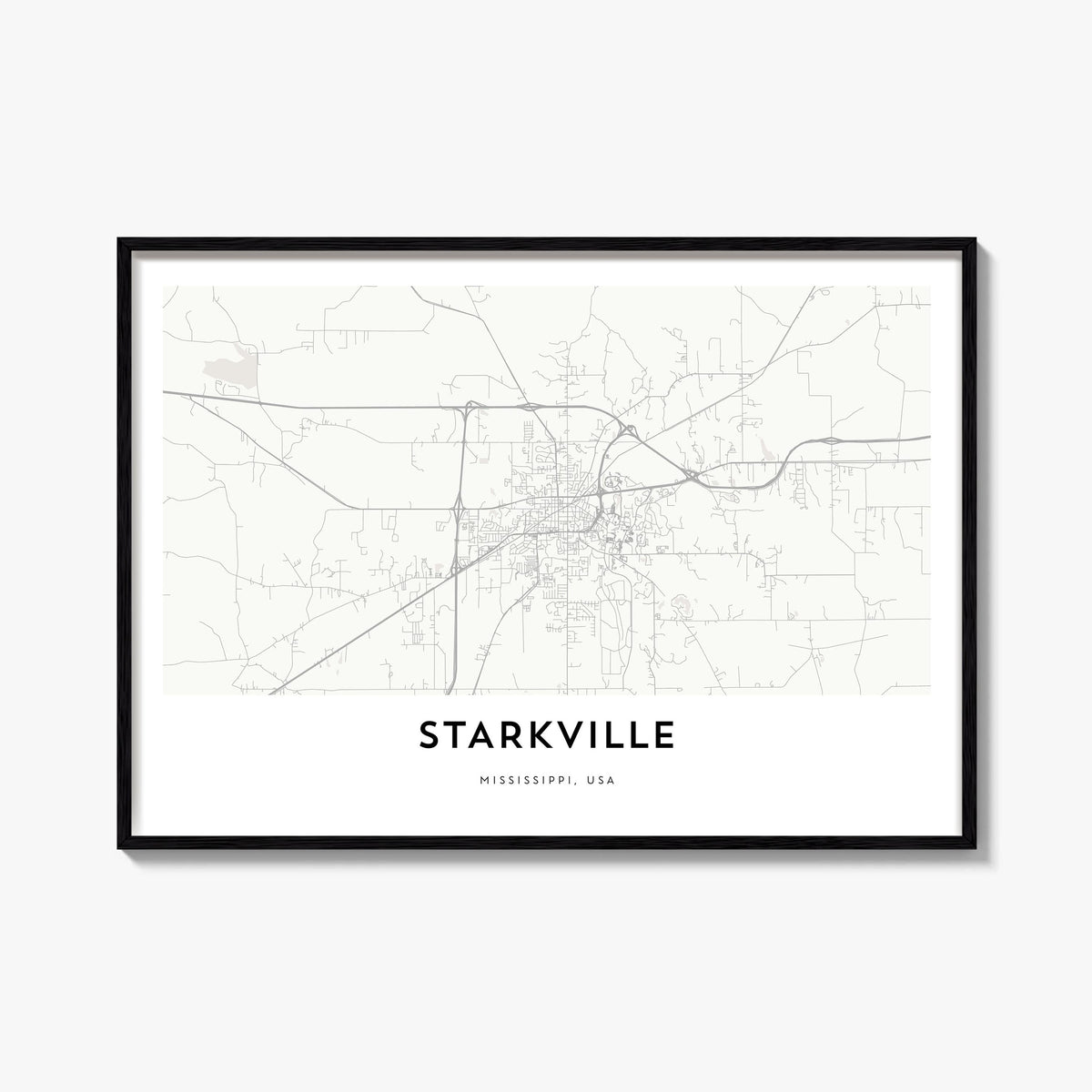 Starkville black & white map poster of Mississippi, USA – horizontal wall art, unframed print shown in interior mockup
