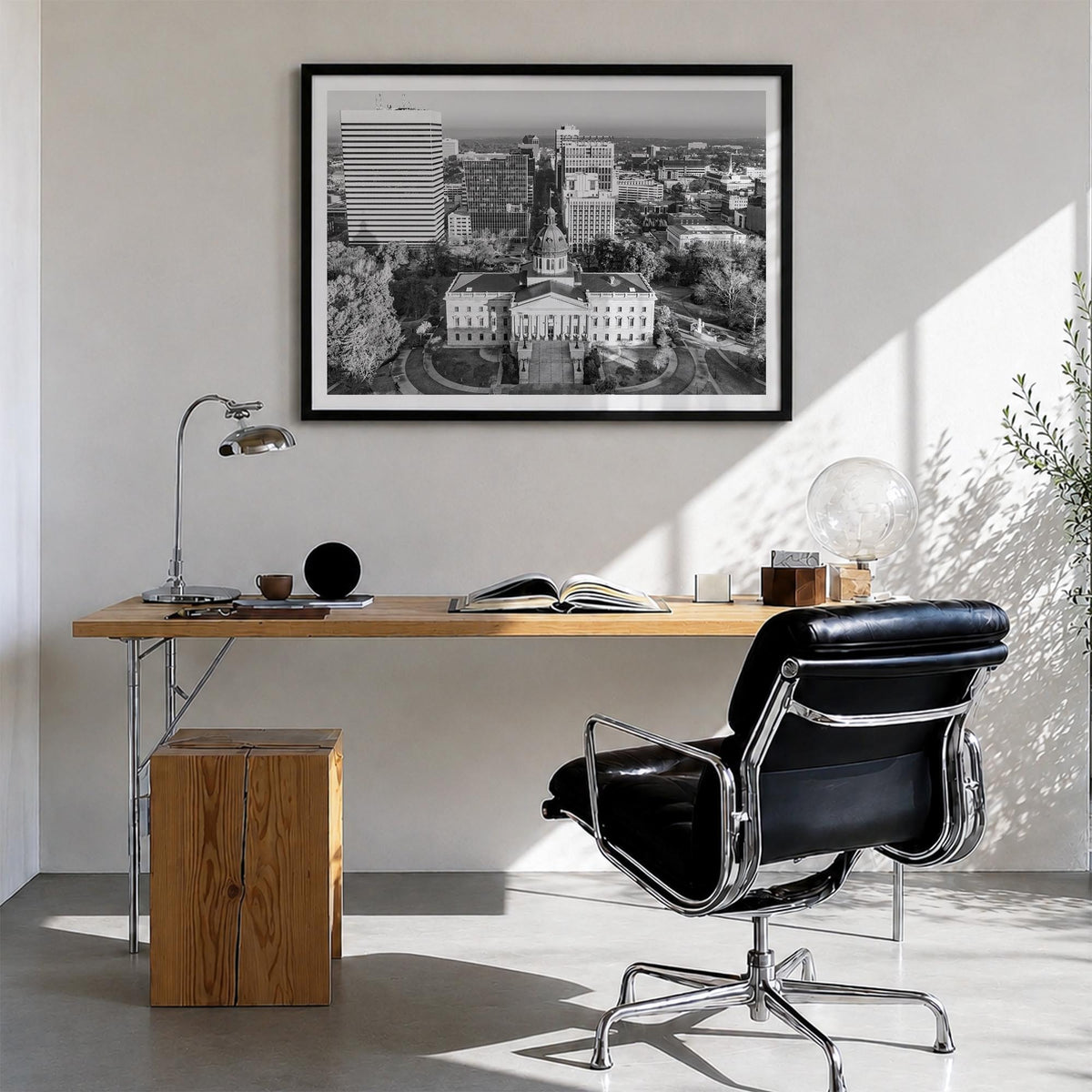 State College black & white photo poster of Pennsylvania, USA – horizontal wall art in black wood frame with white border, ha