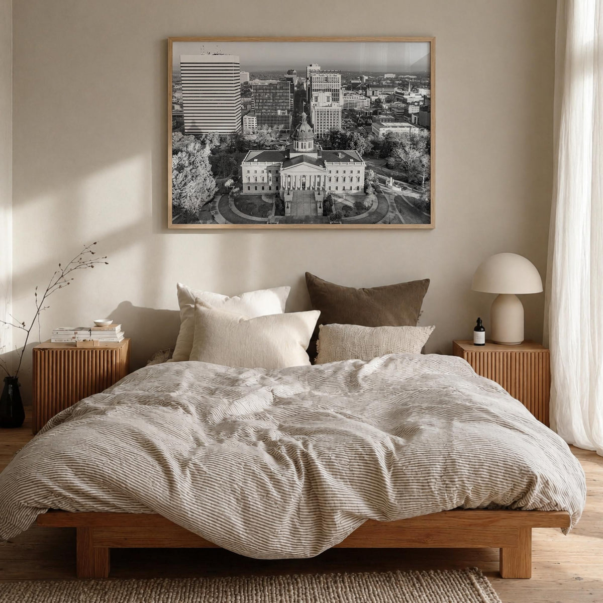 State College black & white photo poster of Pennsylvania, USA – horizontal wall art in natural wood frame, hanging on wall
