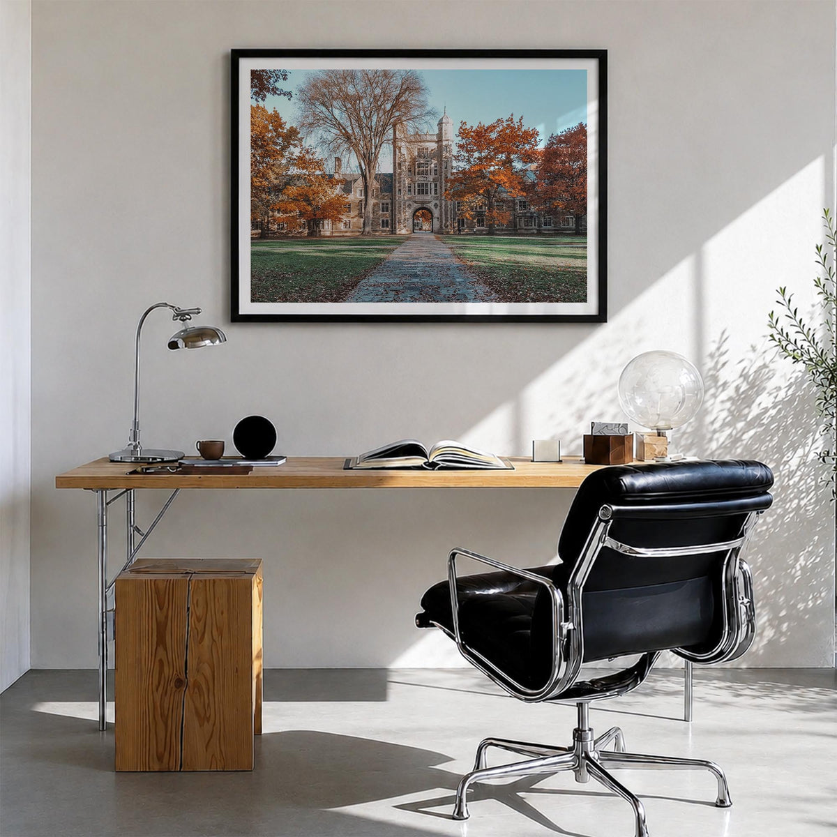 State College colorful photo poster of Pennsylvania, USA – horizontal wall art in black wood frame with white border, hanging