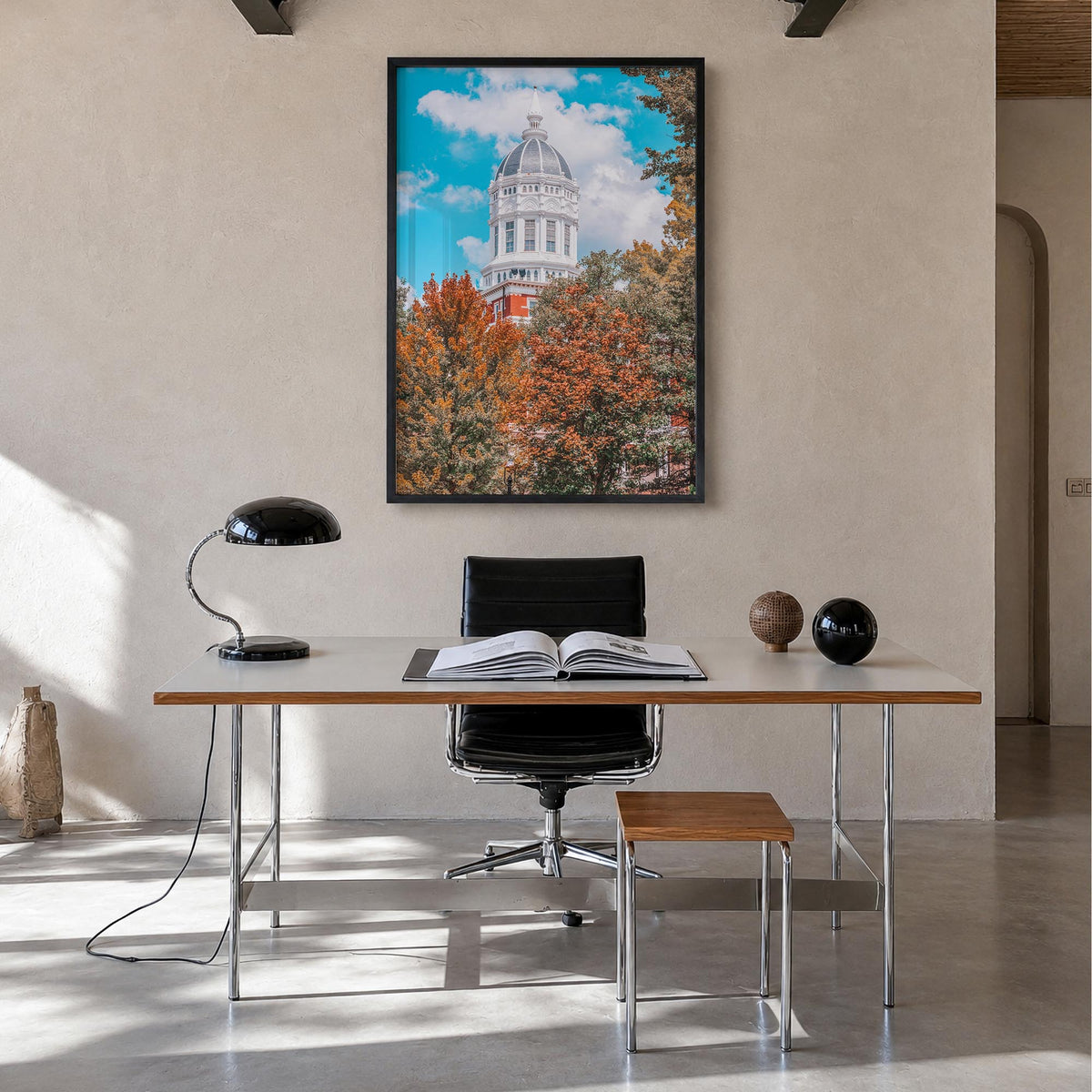 State College colorful photo poster of Pennsylvania, USA – vertical wall art in black wood frame, hanging on wall