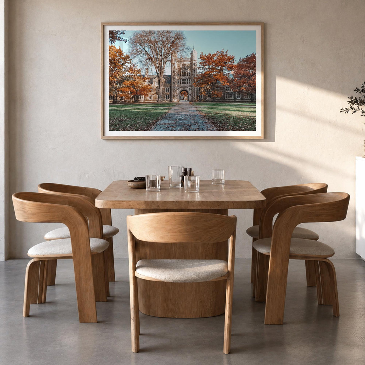 State College colorful photo poster of Pennsylvania, USA – horizontal wall art in natural wood frame with white border, hangi
