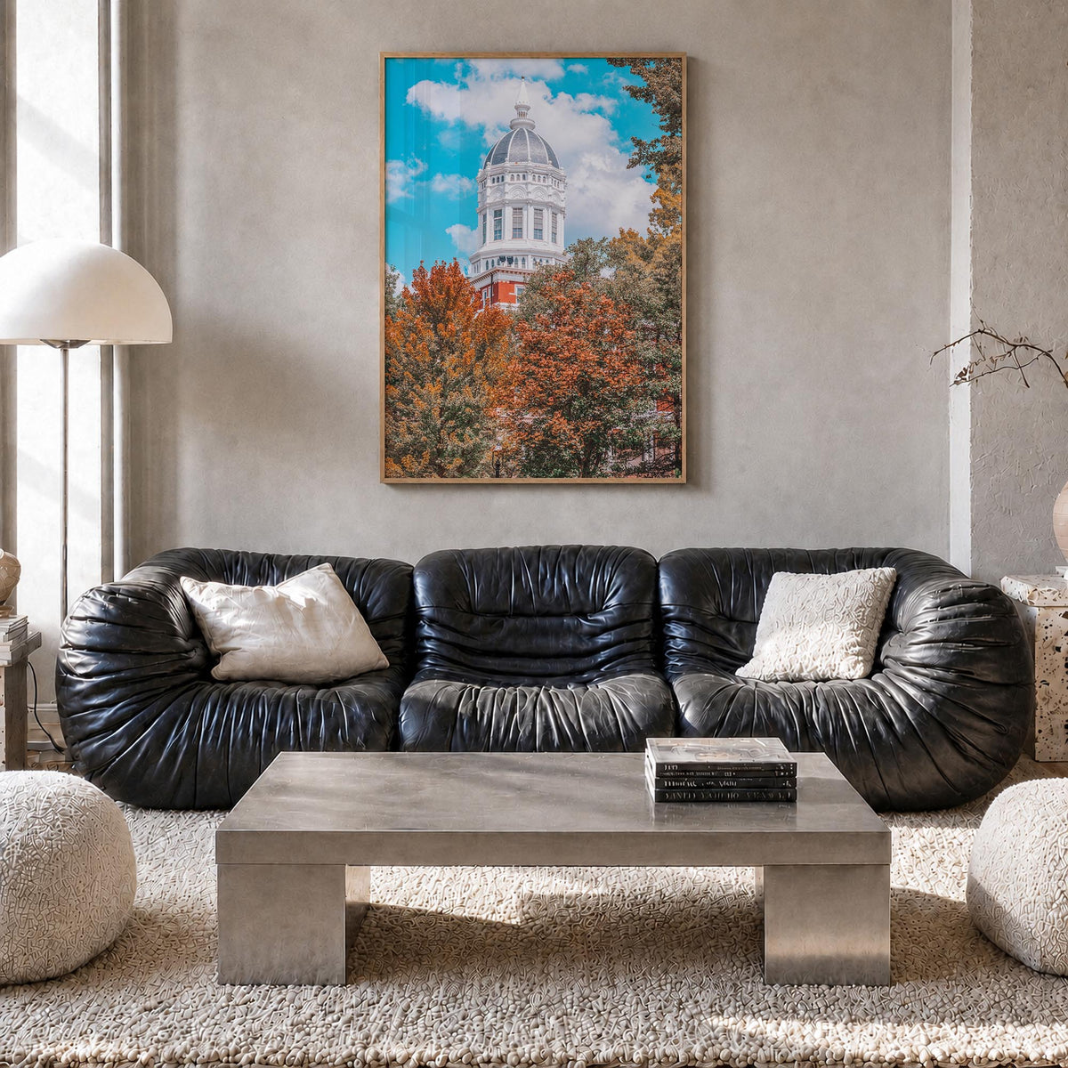 State College colorful photo poster of Pennsylvania, USA – vertical wall art in natural wood frame, hanging on wall