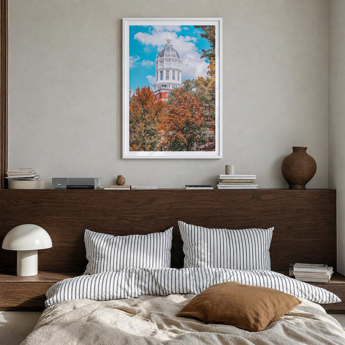 State College colorful photo poster of Pennsylvania, USA – vertical wall art in white wood frame with white border, hanging o