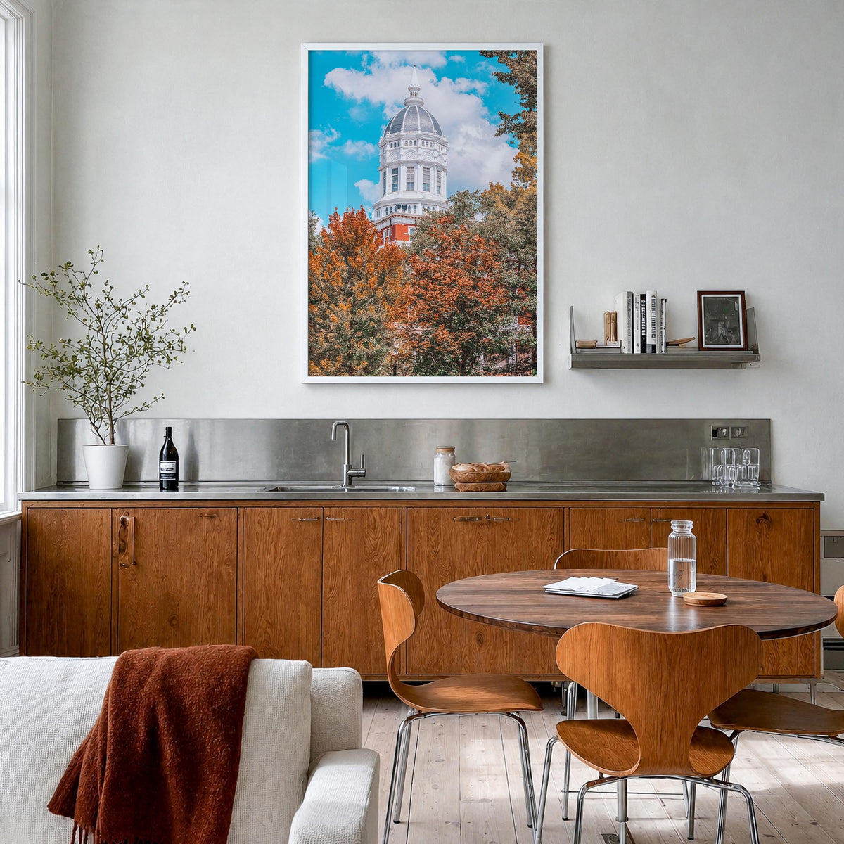 State College colorful photo poster of Pennsylvania, USA – vertical wall art in white wood frame, hanging on wall