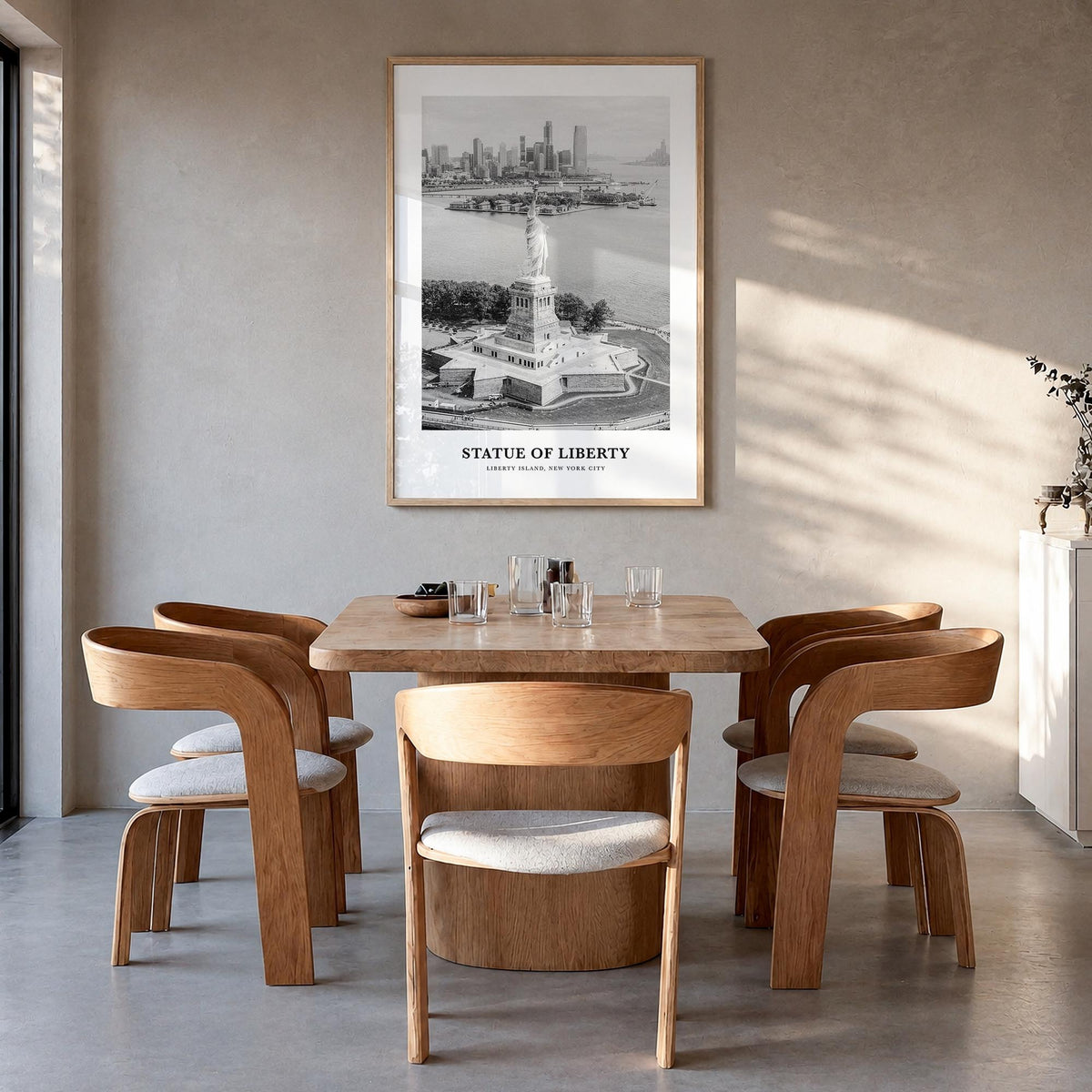 Statue of Liberty black & white classic poster of New York, USA – vertical wall art in natural wood frame, hanging on wall