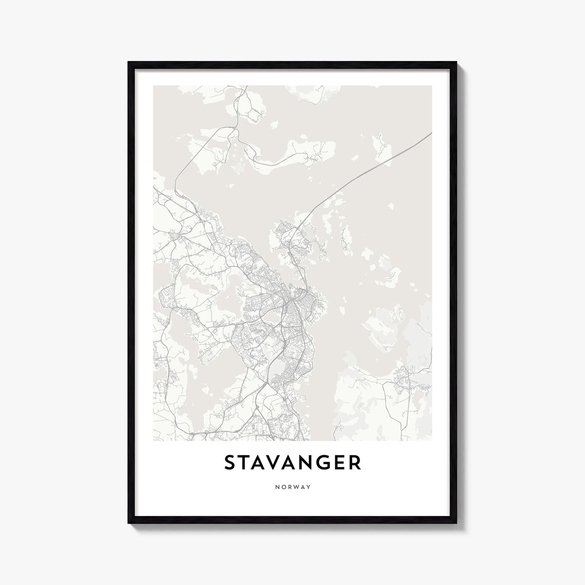 Stavanger black & white map poster of Norway – vertical wall art, unframed print shown in interior mockup