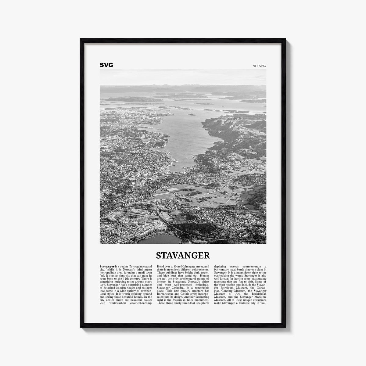 Stavanger black & white newspaper poster of Norway – vertical wall art, unframed print shown in interior mockup