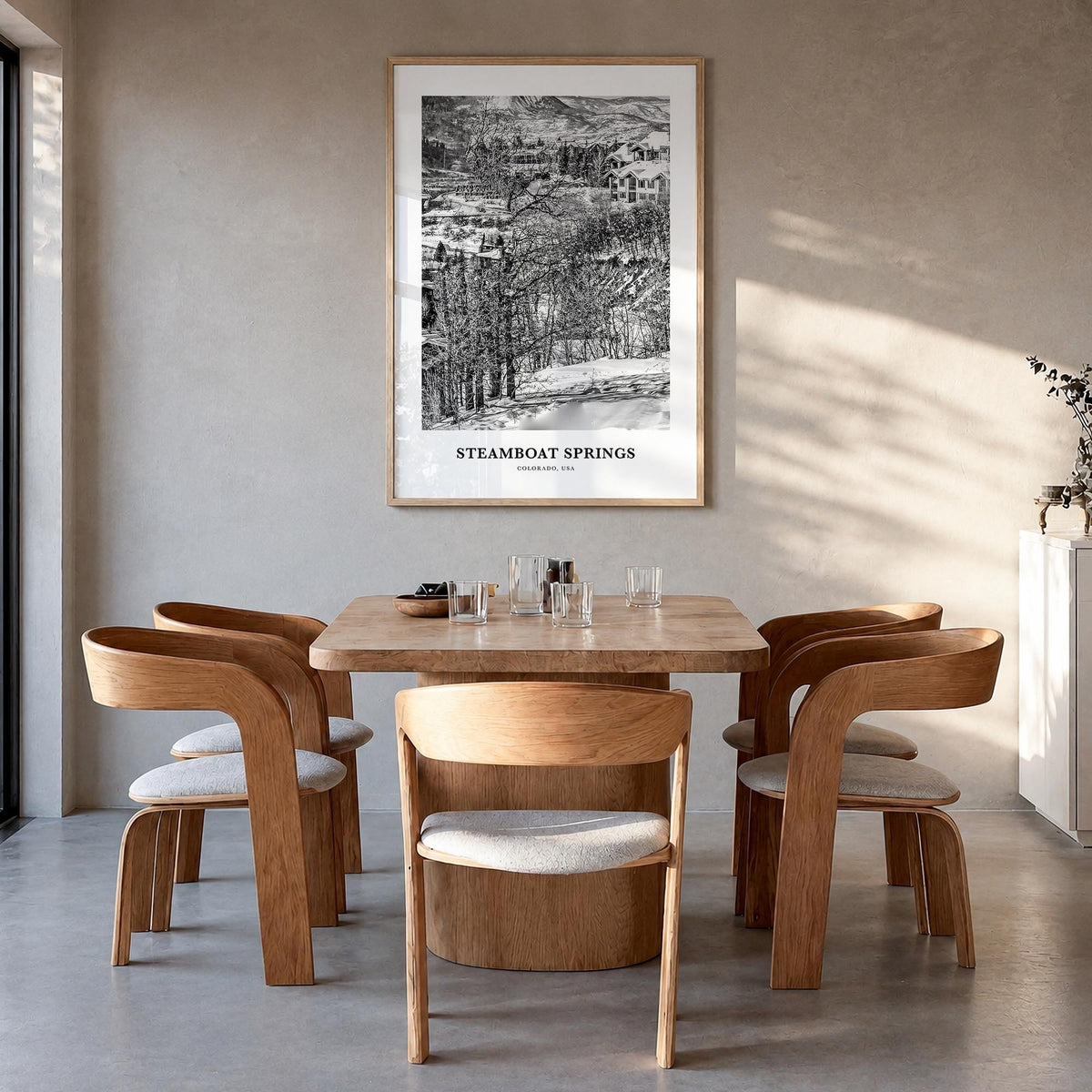 Steamboat Springs black & white classic poster of Colorado, USA – vertical wall art in natural wood frame, hanging on wall