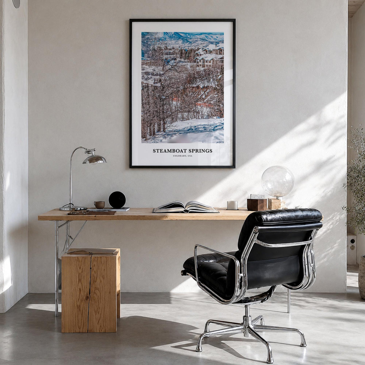 Steamboat Springs no. 2 colorful classic poster of Colorado, USA – vertical wall art in black wood frame, hanging on wall