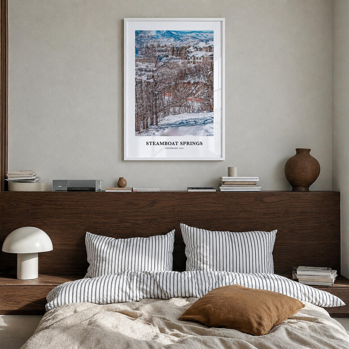 Steamboat Springs no. 2 colorful classic poster of Colorado, USA – vertical wall art in white wood frame, hanging on wall