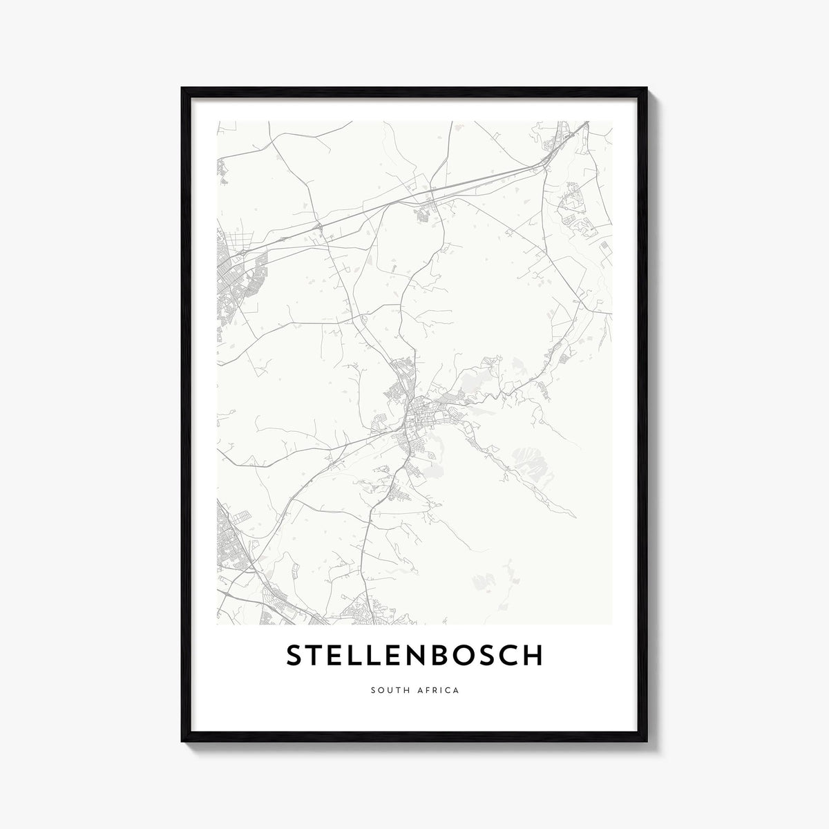 Stellenbosch black & white map poster of South Africa – vertical wall art, unframed print shown in interior mockup