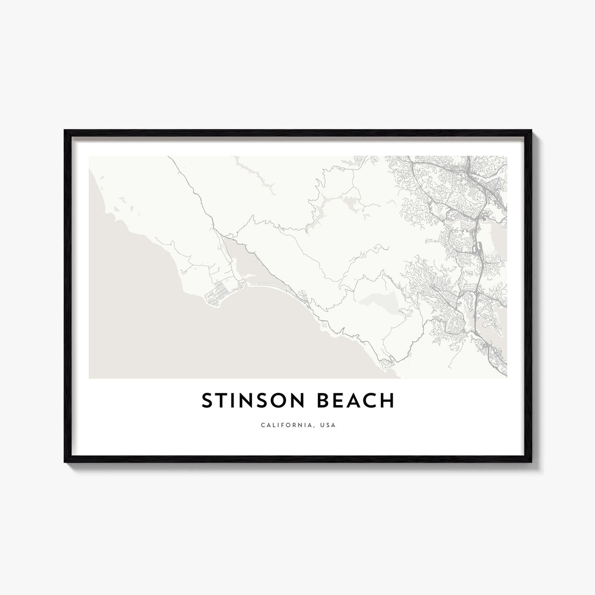 Stinson Beach black & white map poster of California, USA – horizontal wall art, unframed print shown in interior mockup