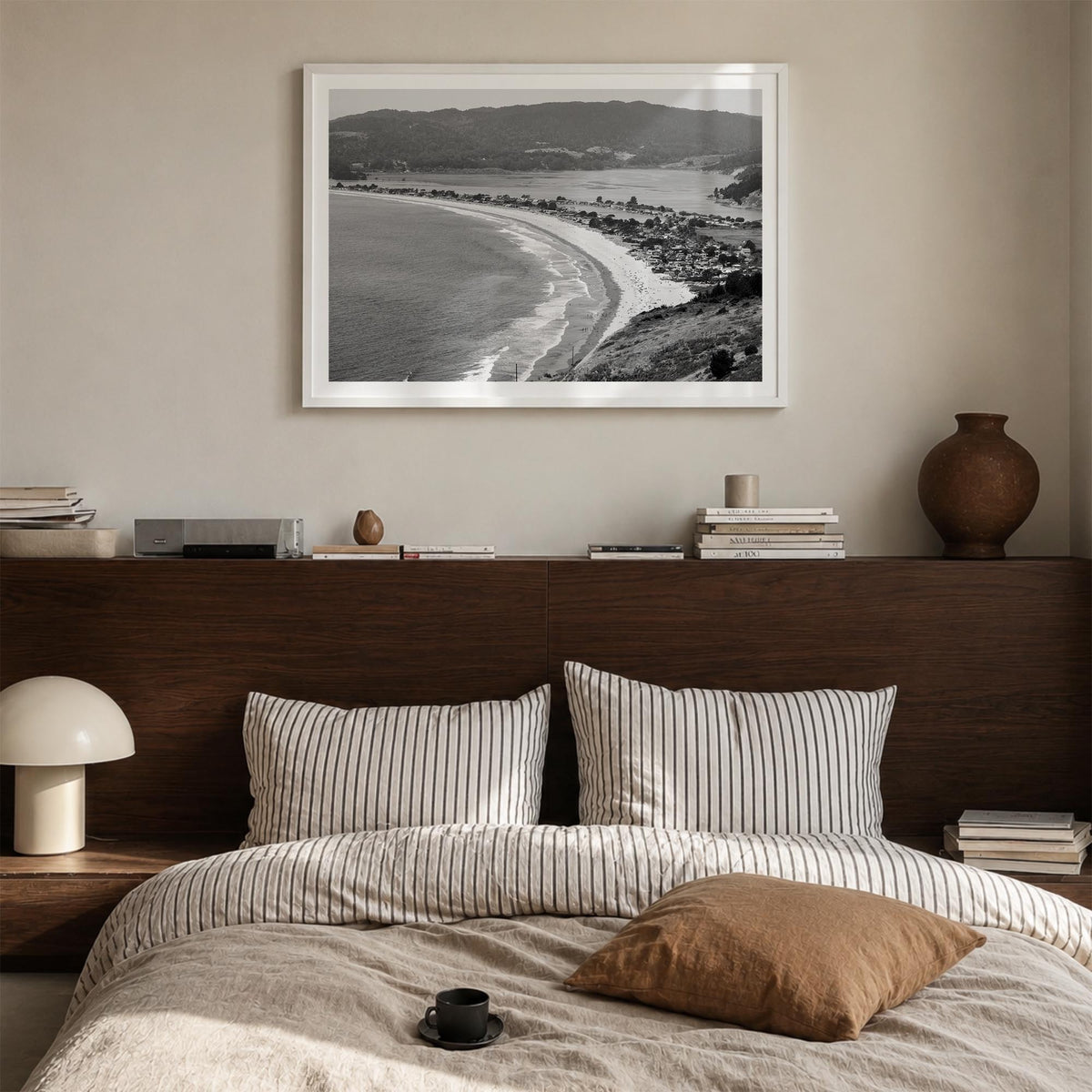 Stinson Beach black & white photo poster of California, USA – horizontal wall art in white wood frame with white border, hang