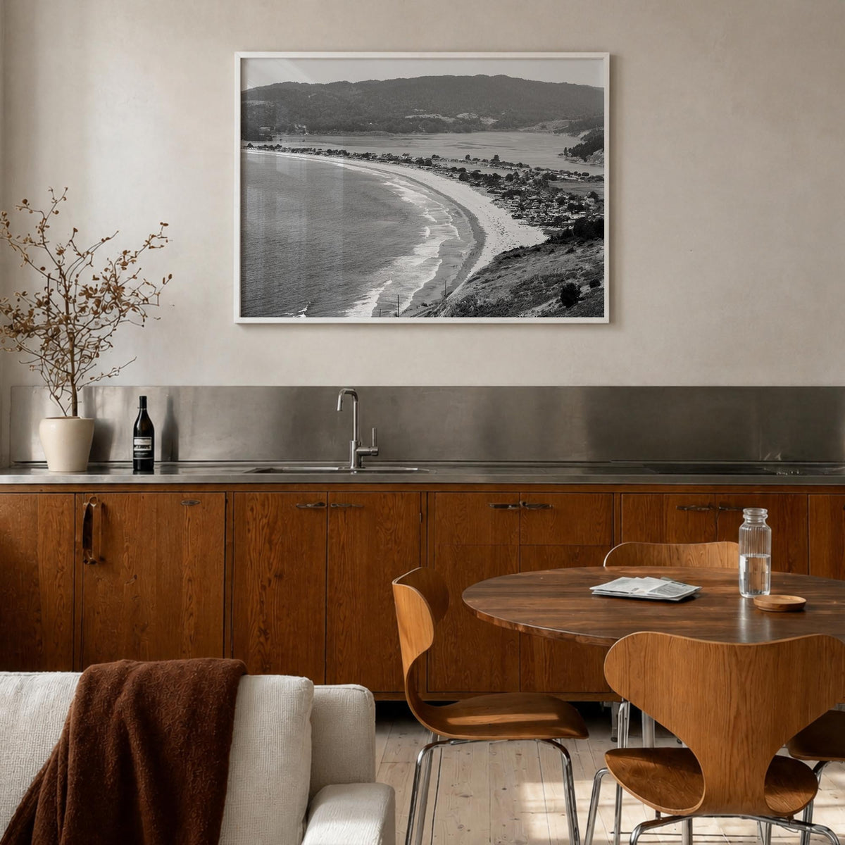 Stinson Beach black & white photo poster of California, USA – horizontal wall art in white wood frame, hanging on wall