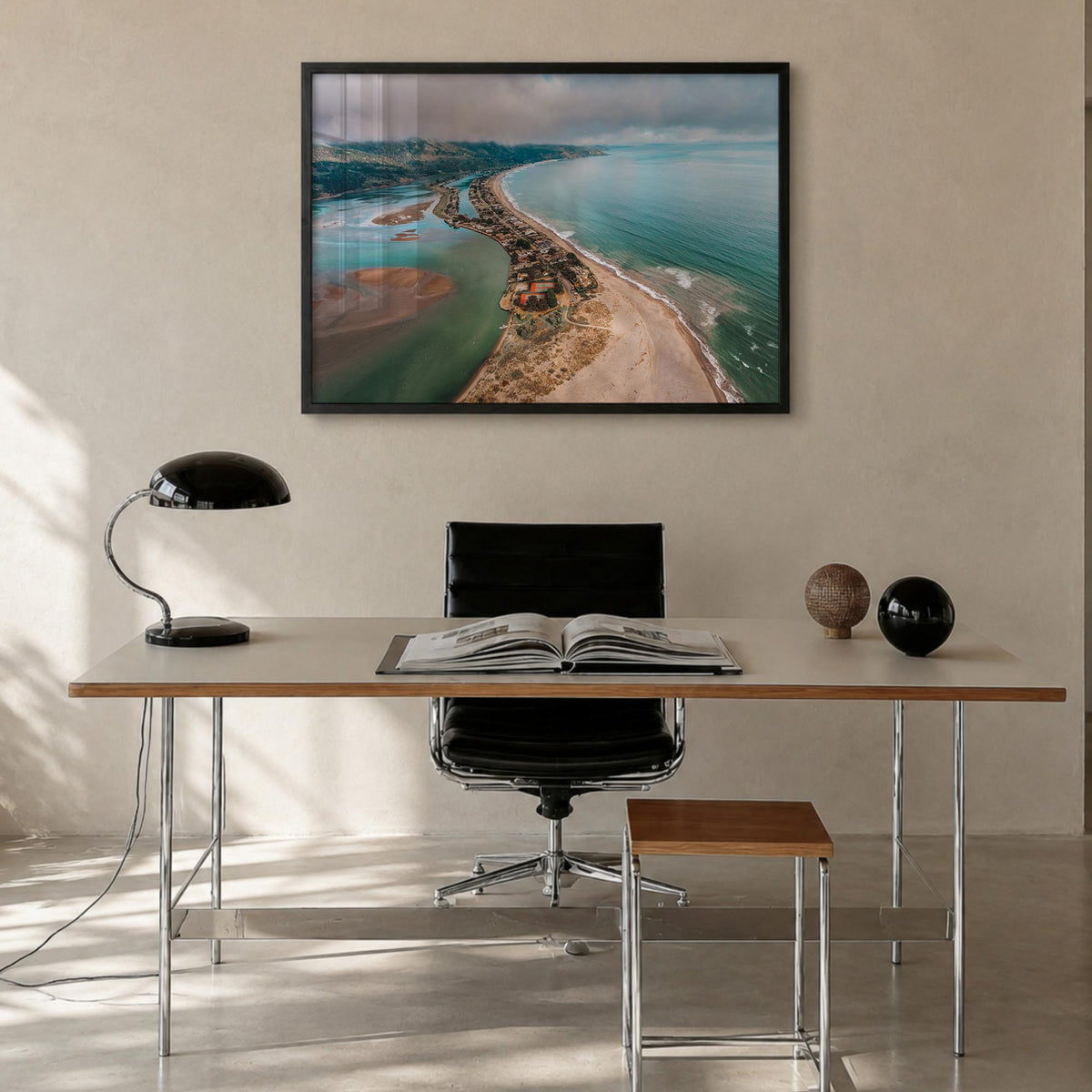 Stinson Beach colorful photo poster of California, USA – horizontal wall art in black wood frame, hanging on wall
