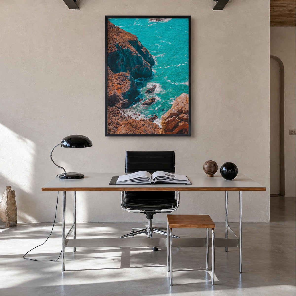 Stinson Beach colorful photo poster of California, USA – vertical wall art in black wood frame, hanging on wall