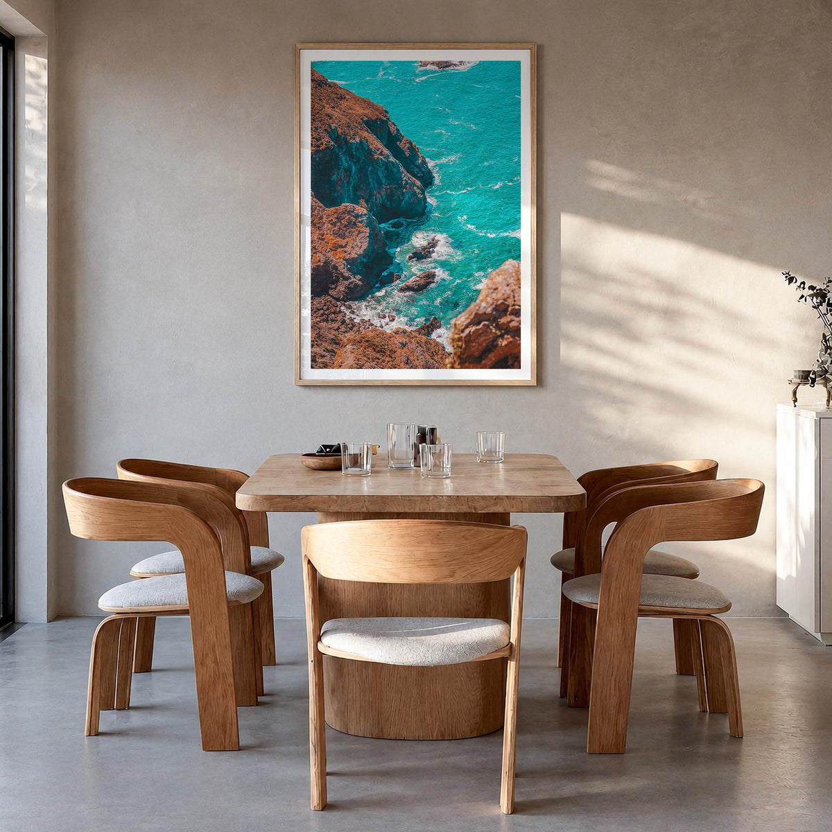 Stinson Beach colorful photo poster of California, USA – vertical wall art in natural wood frame with white border, hanging o