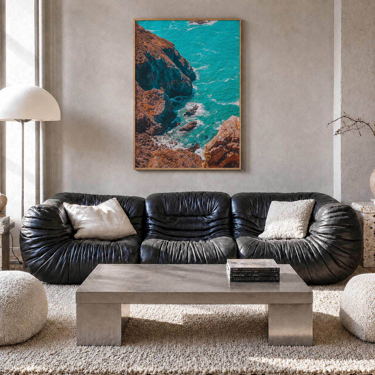 Stinson Beach colorful photo poster of California, USA – vertical wall art in natural wood frame, hanging on wall