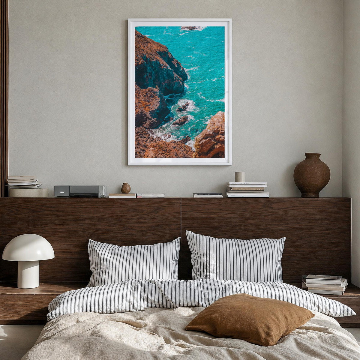 Stinson Beach colorful photo poster of California, USA – vertical wall art in white wood frame with white border, hanging on