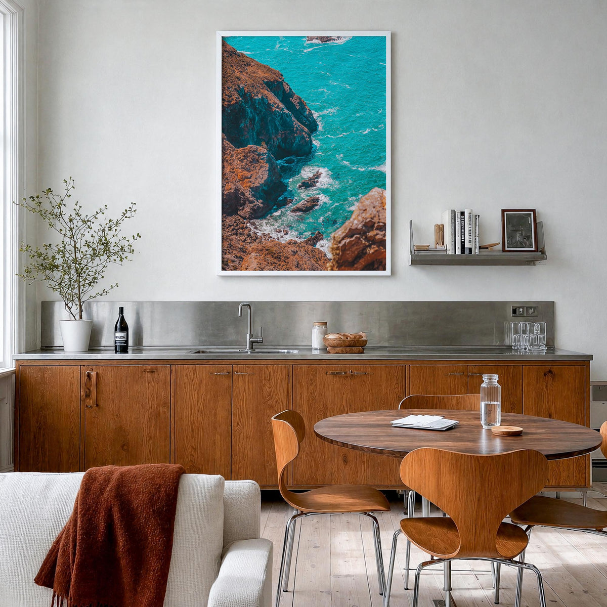 Stinson Beach colorful photo poster of California, USA – vertical wall art in white wood frame, hanging on wall