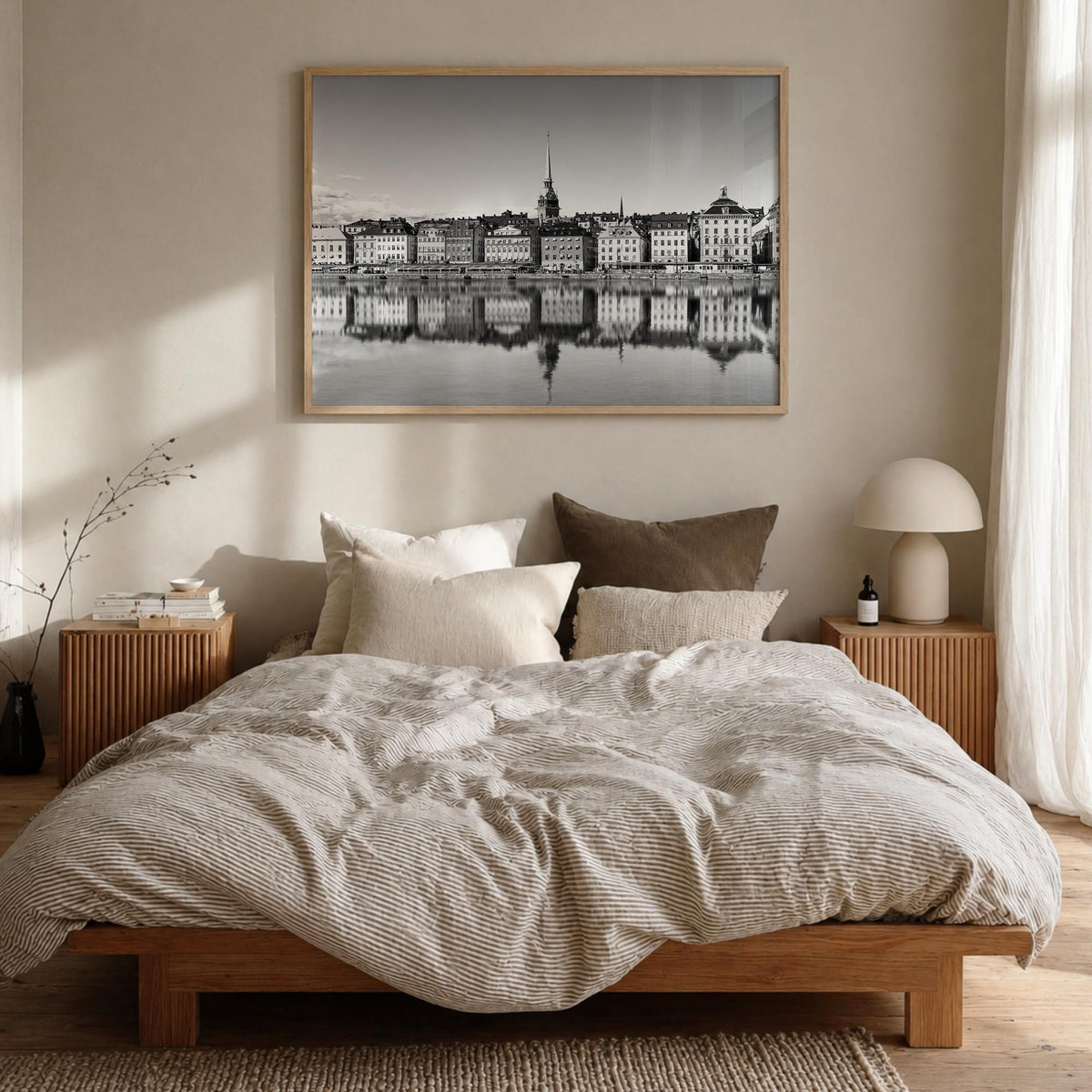 Stockholm black & white photo poster of Sweden – horizontal wall art in natural wood frame, hanging on wall