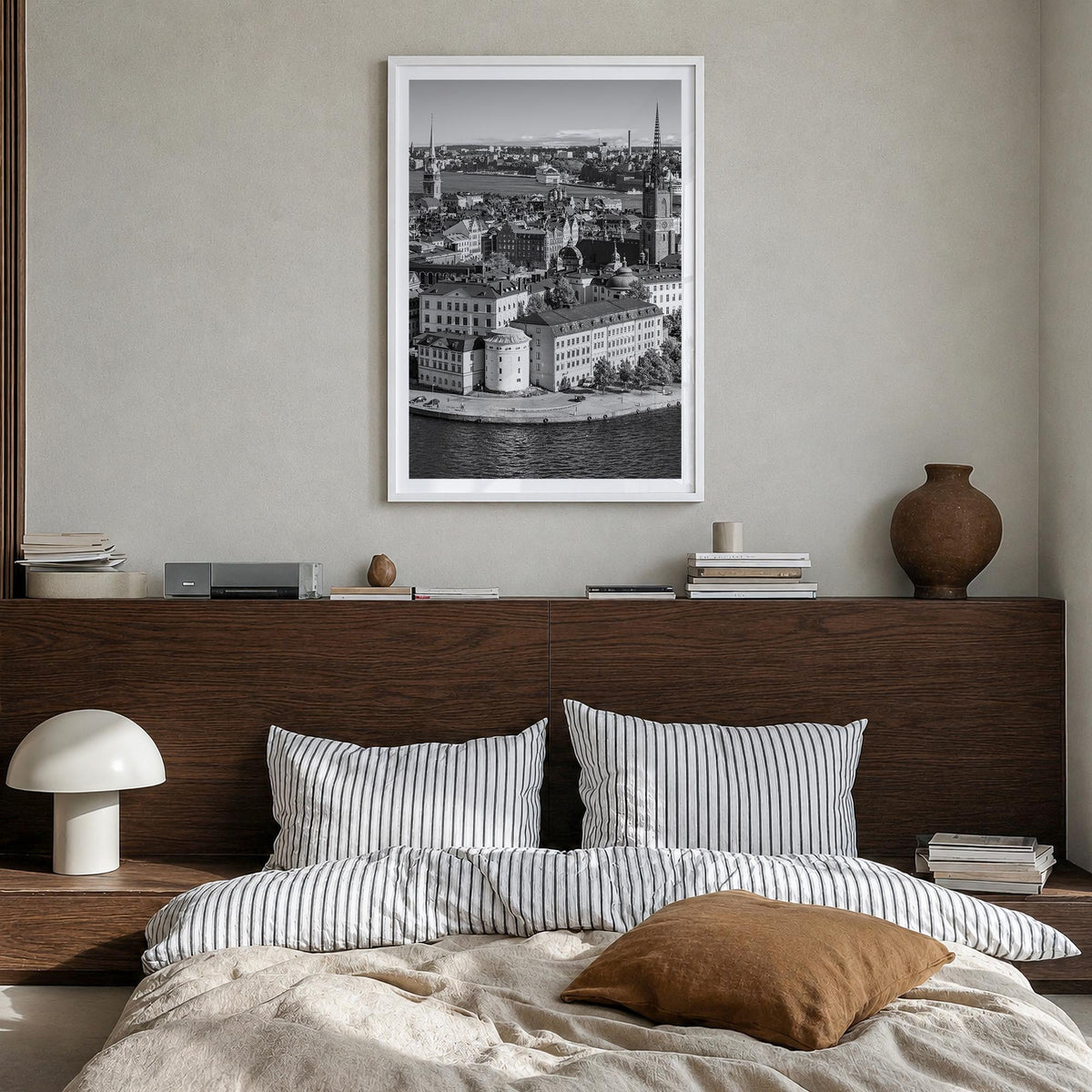 Stockholm black & white photo poster of Sweden – vertical wall art in white wood frame with white border, hanging on wall