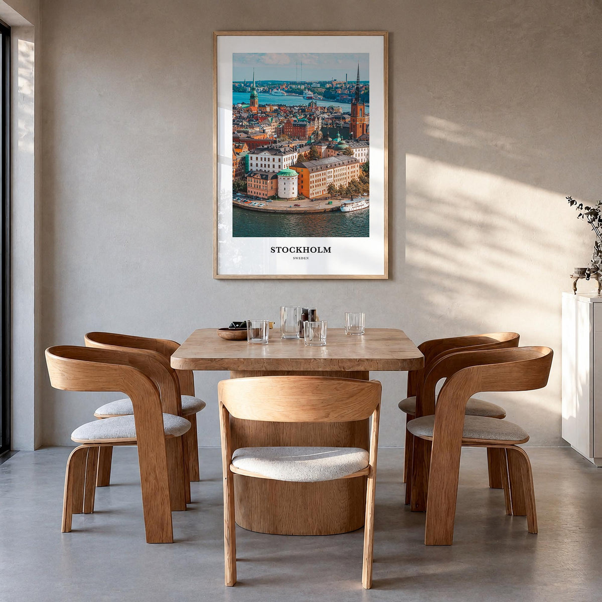 Stockholm colorful classic poster of Sweden – vertical wall art in natural wood frame, hanging on wall