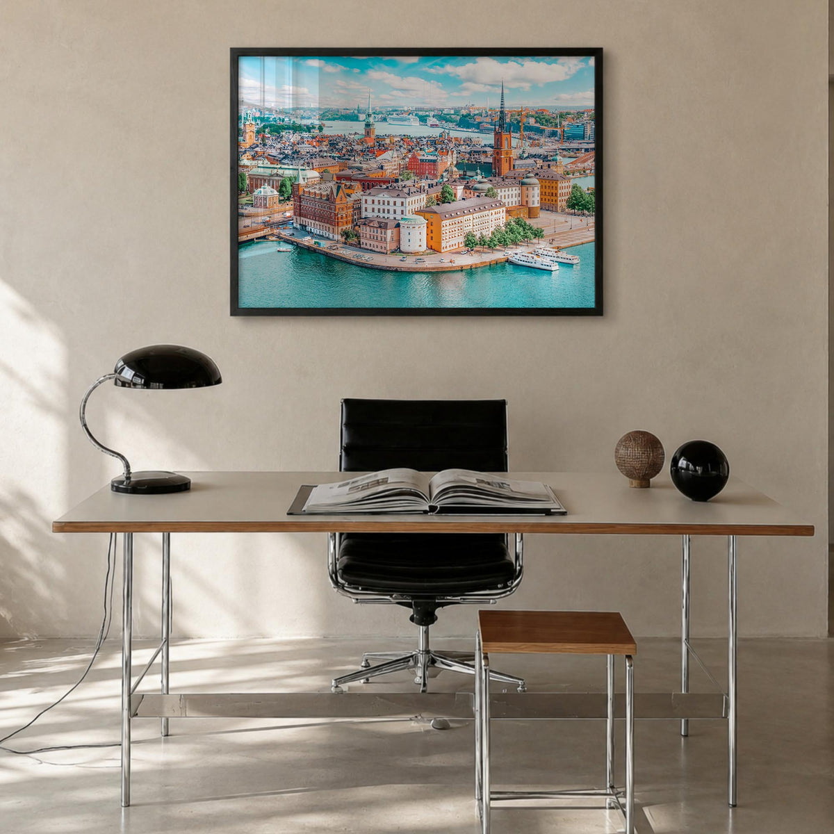 Stockholm colorful photo poster of Sweden – horizontal wall art in black wood frame, hanging on wall