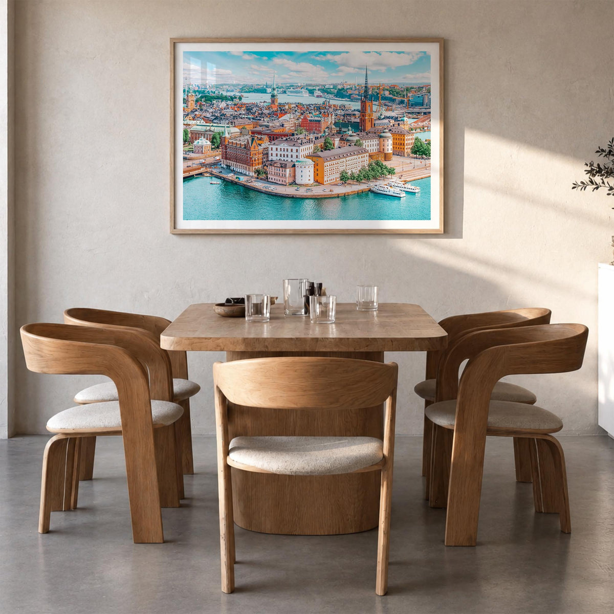 Stockholm colorful photo poster of Sweden – horizontal wall art in natural wood frame with white border, hanging on wall