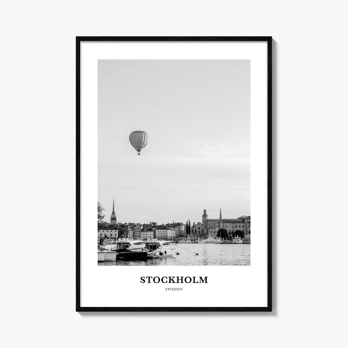 Stockholm no. 1 black & white classic poster of Sweden – vertical wall art, unframed print shown in interior mockup