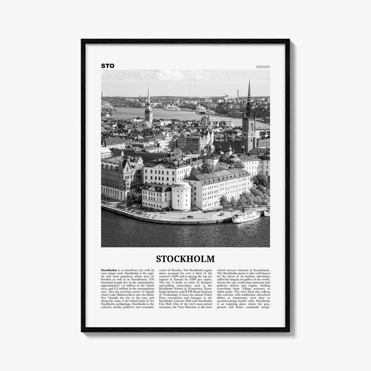 Stockholm no. 1 black & white newspaper poster of Sweden – vertical wall art, unframed print shown in interior mockup