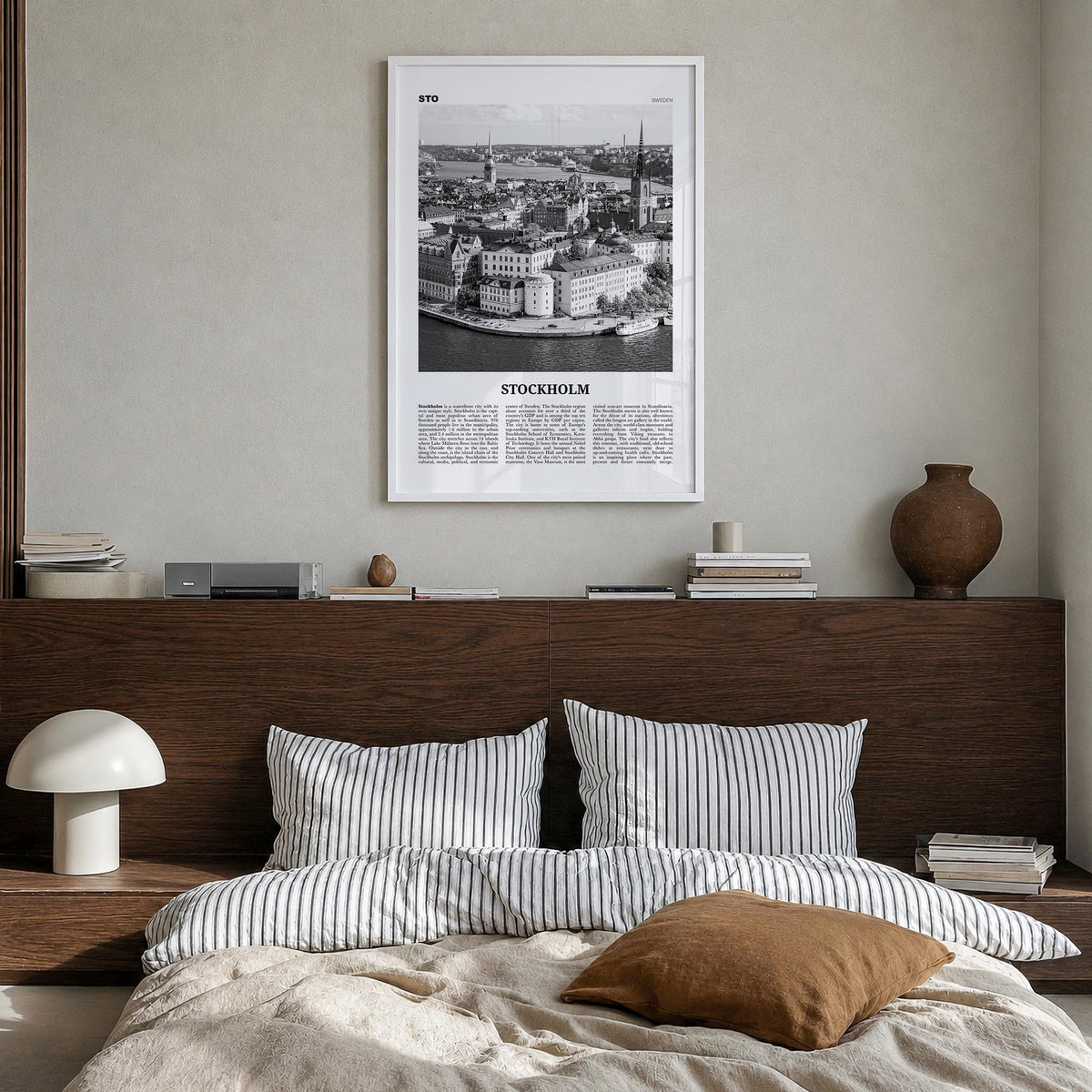 Stockholm no. 1 black & white newspaper poster of Sweden – vertical wall art in white wood frame, hanging on wall