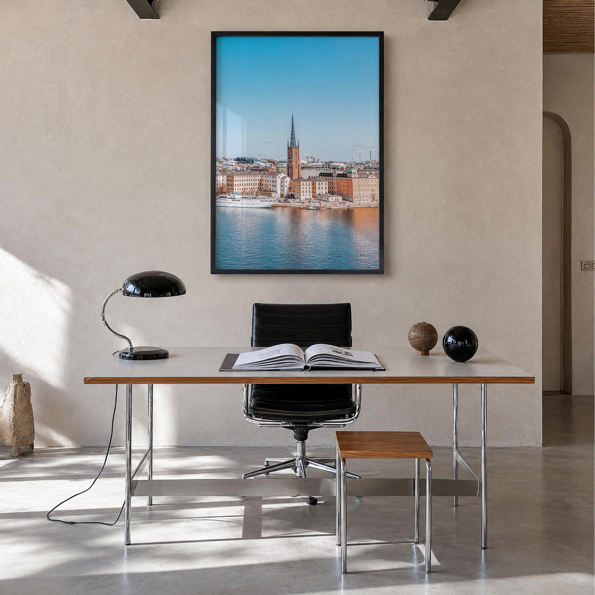 Stockholm no. 1 colorful photo poster of Sweden – vertical wall art in black wood frame, hanging on wall