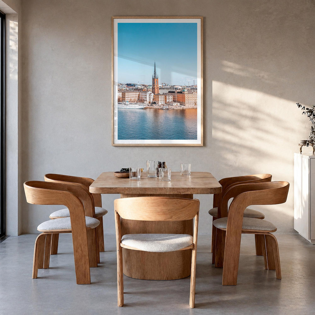 Stockholm no. 1 colorful photo poster of Sweden – vertical wall art in natural wood frame with white border, hanging on wall