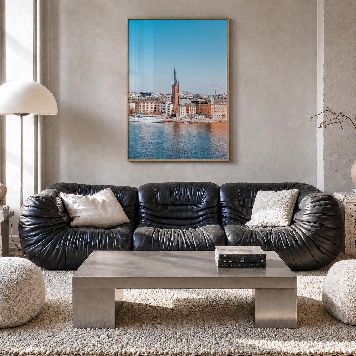 Stockholm no. 1 colorful photo poster of Sweden – vertical wall art in natural wood frame, hanging on wall