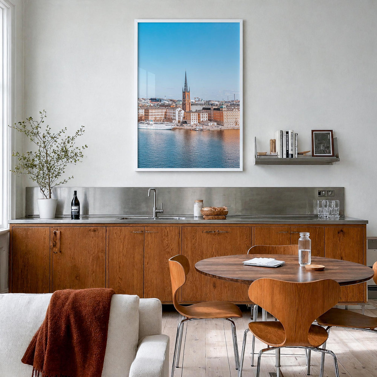 Stockholm no. 1 colorful photo poster of Sweden – vertical wall art in white wood frame, hanging on wall