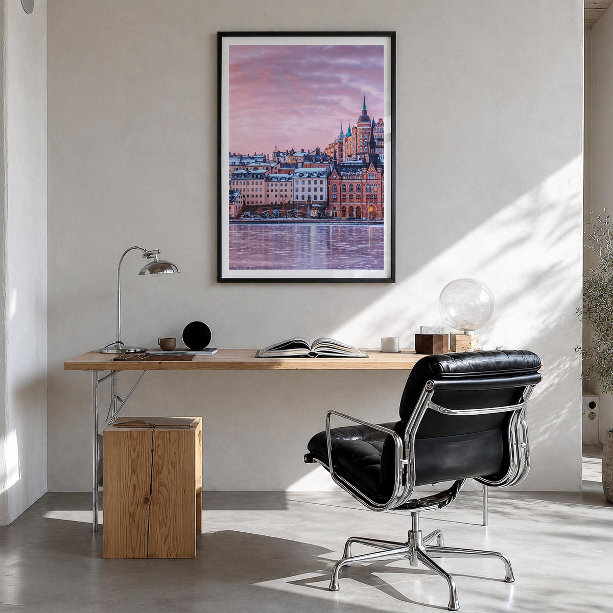 Stockholm no. 2 colorful photo poster of Sweden – vertical wall art in black wood frame with white border, hanging on wall