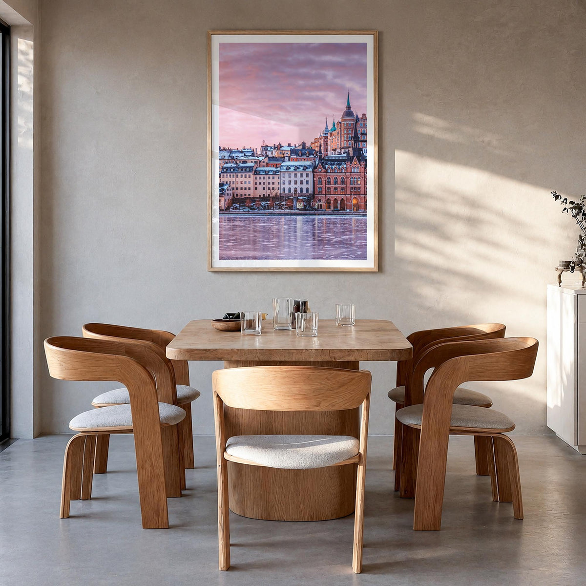 Stockholm no. 2 colorful photo poster of Sweden – vertical wall art in natural wood frame with white border, hanging on wall