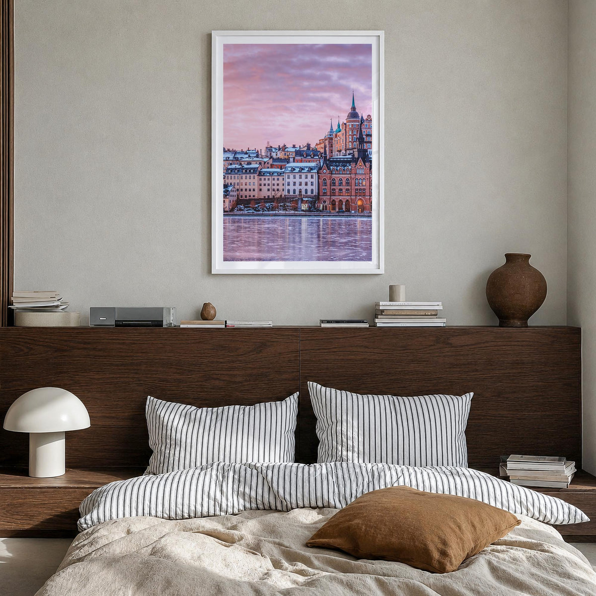 Stockholm no. 2 colorful photo poster of Sweden – vertical wall art in white wood frame with white border, hanging on wall