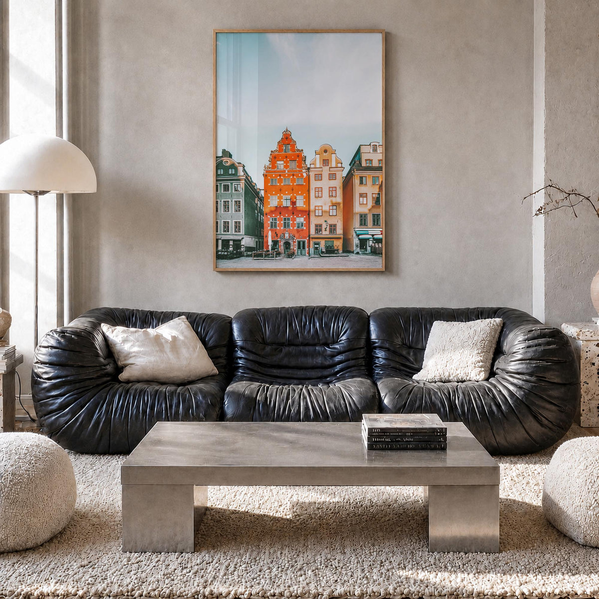 Stockholm no. 3 colorful photo poster of Sweden – vertical wall art in natural wood frame, hanging on wall
