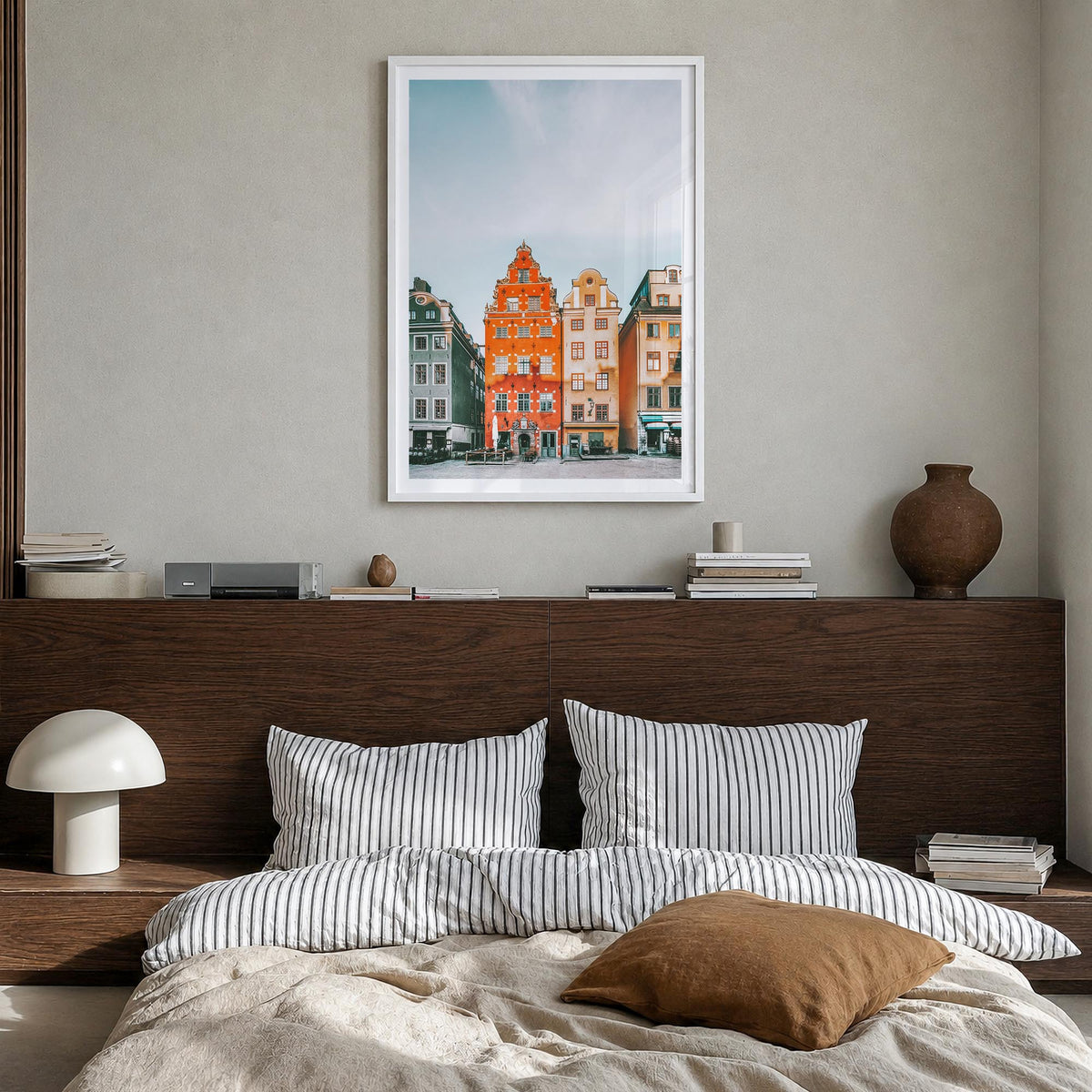 Stockholm no. 3 colorful photo poster of Sweden – vertical wall art in white wood frame with white border, hanging on wall