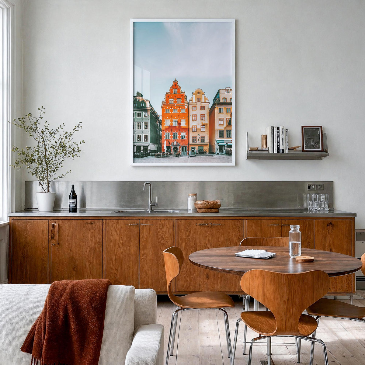 Stockholm no. 3 colorful photo poster of Sweden – vertical wall art in white wood frame, hanging on wall