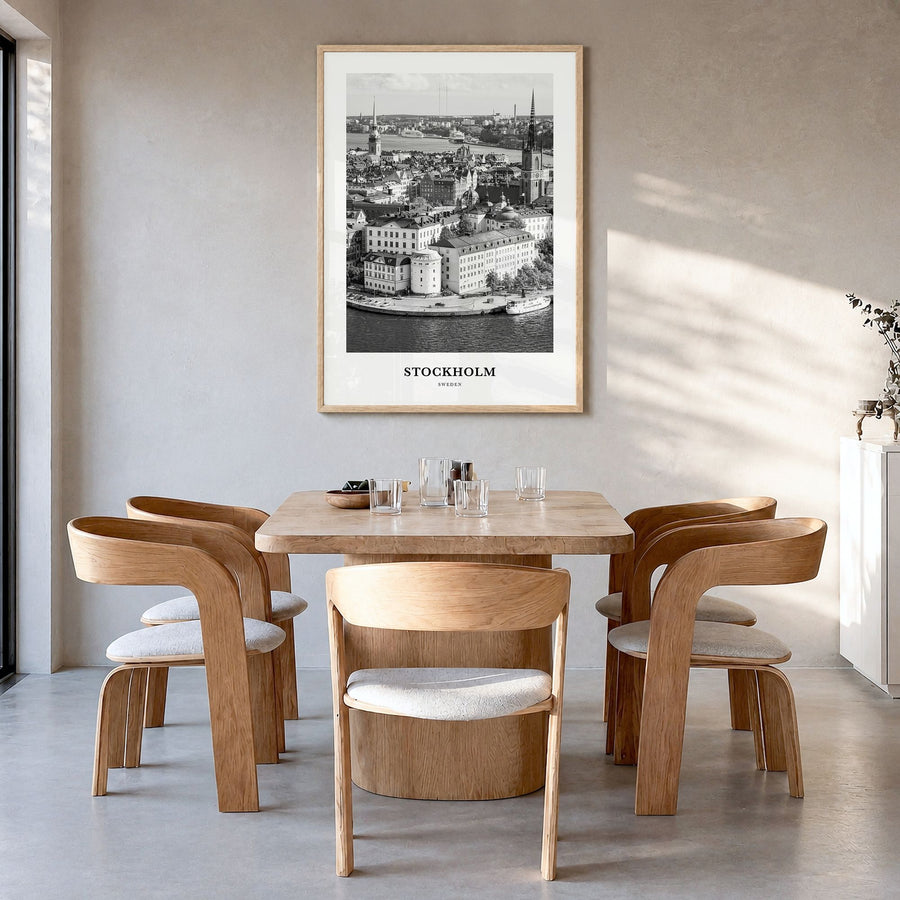 Stockholm Classic No 2 Poster in a natural wood frame, hanging in a dining room