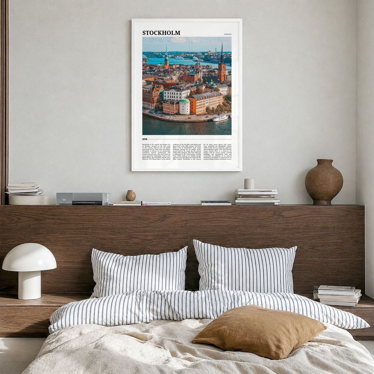 Stockholm Travel Poster in a white wood frame, hanging in a bedroom