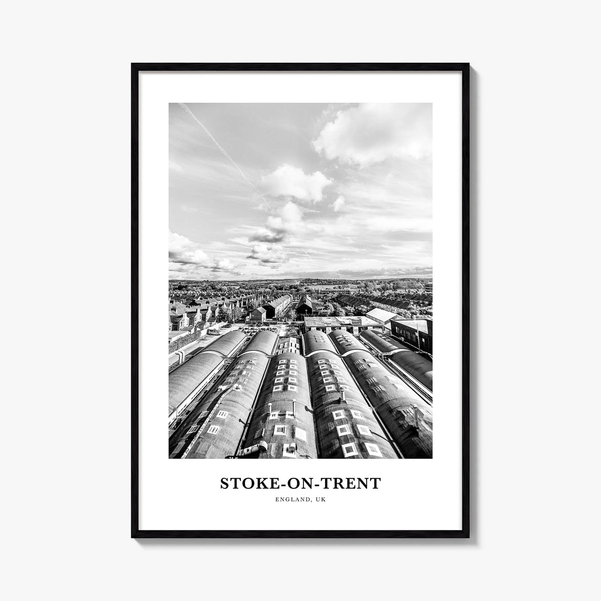 Stoke-on-Trent black & white classic poster of United Kingdom – vertical wall art, unframed print shown in interior mockup
