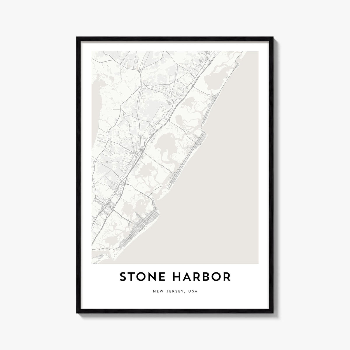 Stone Harbor black & white map poster of New Jersey, USA – vertical wall art, unframed print shown in interior mockup