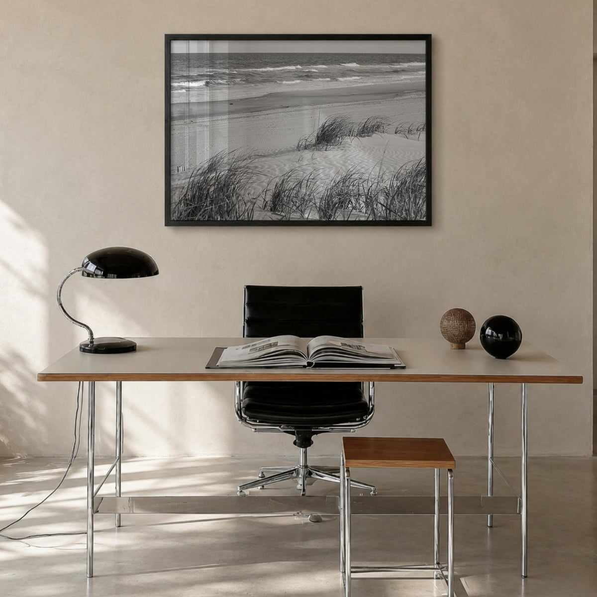 Stone Harbor black & white photo poster of New Jersey, USA – horizontal wall art in black wood frame, hanging on wall