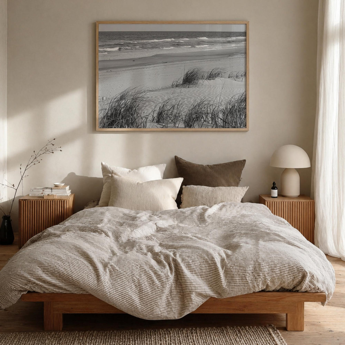 Stone Harbor black & white photo poster of New Jersey, USA – horizontal wall art in natural wood frame, hanging on wall