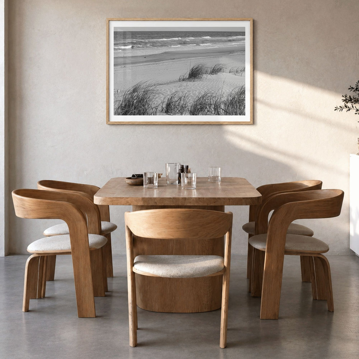 Stone Harbor Photo Poster in a natural wood frame, hanging in a dining room, white border